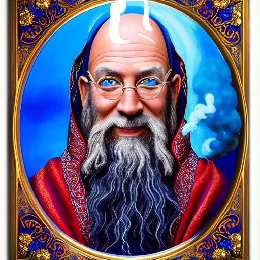 portrait painting of a wizard, ultra highly detailed, intricate details, shiny, sky blue eyes, pipe smoke, metallic, robes, embroidery, runes