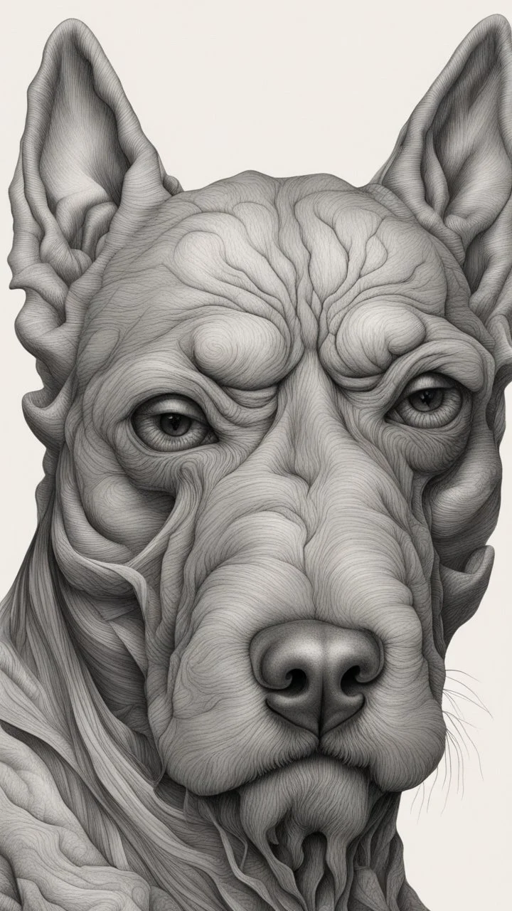 ππ§π€π’π₯π© highly detailed graphite illustration, A surreal dog face with exaggerated anatomical features, heavily wrinkled skin, and an intense, contemplative expression. bald head, thick eyebrows, long beard merge into swirling abstract shapes. Large, expressive hands, one covering the mouth and the other gripping the forehead tensely. Mysterious, introspective, dreamlike, somewhat dark fantasy. #ππ§πart #prompt