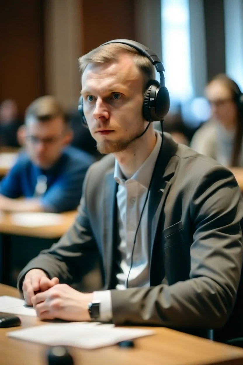 A simultaneous translator of Slavic appearance sits at a table with headphones on at a briefing and translates, in a large hall, there are a lot of people around, the background is blurred, everything is in pastel light colors