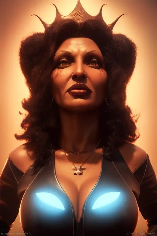 Pam Grier as evil queen in black leather, leather, busty, cleavage, angry, stern look. character design by cory loftis, fenghua zhong, ryohei hase, ismail inceoglu and ruan jia. unreal engine 5, artistic lighting, highly detailed, photorealistic, fantasy