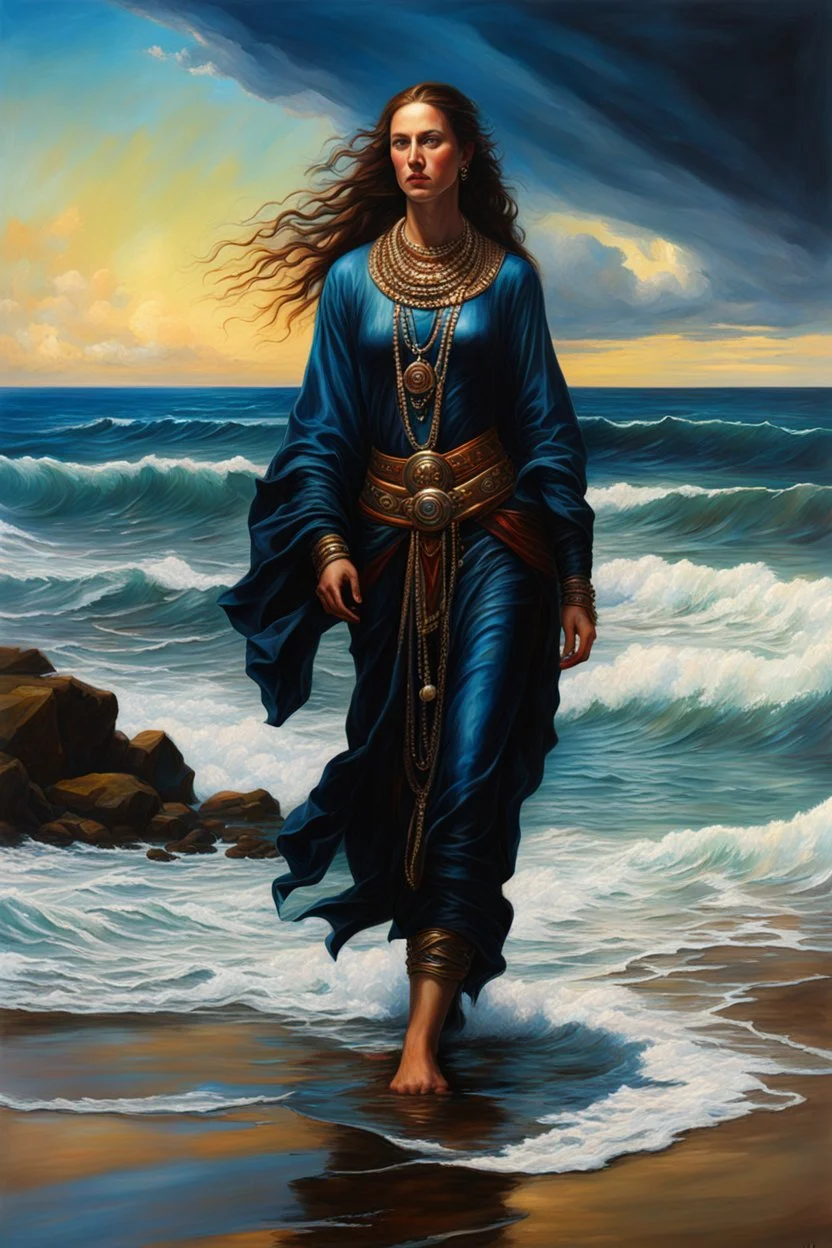 create a classical-abstract-realist sci-fi fantasy full body portrait painting of a nomadic tribal priestess with highly defined facial features, walking on the shore of a tempestuous sea in the style of Donato Giancola, Hans Memling, Titian, and Caravaggio, 8k, highly detailed, otherworldly and fantastic