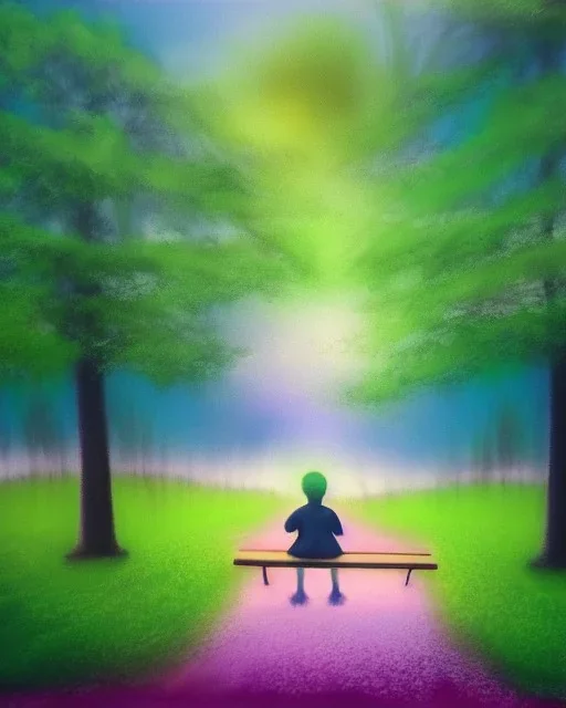 park mystical dream, park bench, man, woman, child, dog, trees, path, bird, sunshine, mystical, fantasy, romanticism, pastel colors, daylight, daytime, acrylic painting, detailed, soft focus,