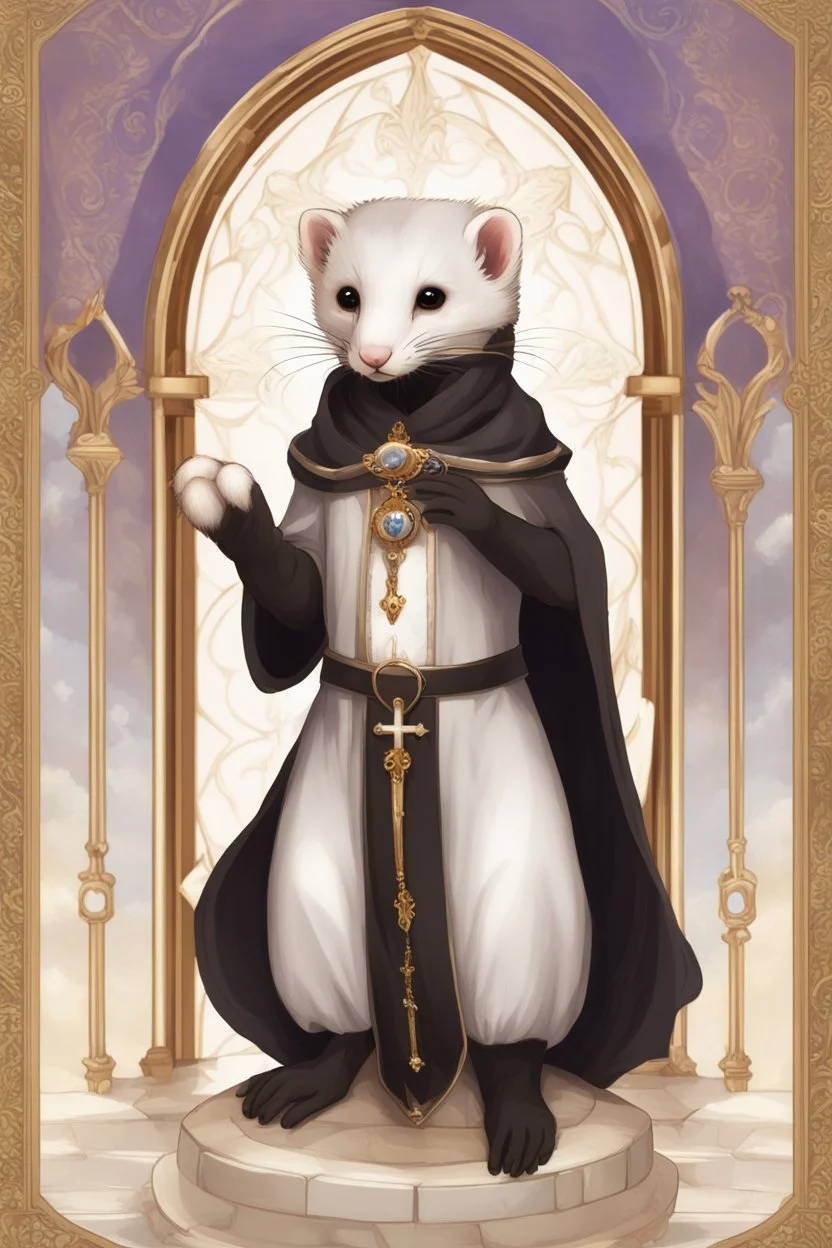 (anthropomorphic white ferret),dressed in ((cleric fantasy)) black clothes with silver holy ornaments, realistic anatomy, posing, cute face, fantasy inspire, bronze and brown color palette church on background, warm sunshine lighty from behind, gloomy atmosphere purple armband, The holy icon style, praying pose, closeв eyes:2.5