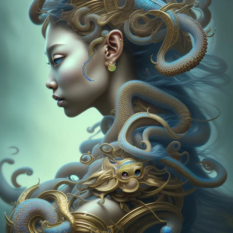 Sango fantasy, fantasy magic, intricate, sharp focus, illustration, highly detailed, digital painting, concept art, matte, art germ and Paul Lewin and Kehinde Wiley, masterpiece Indonesian lady head bronze octopus Asian African girl nice breast Thai hair turquoise silver blue waves