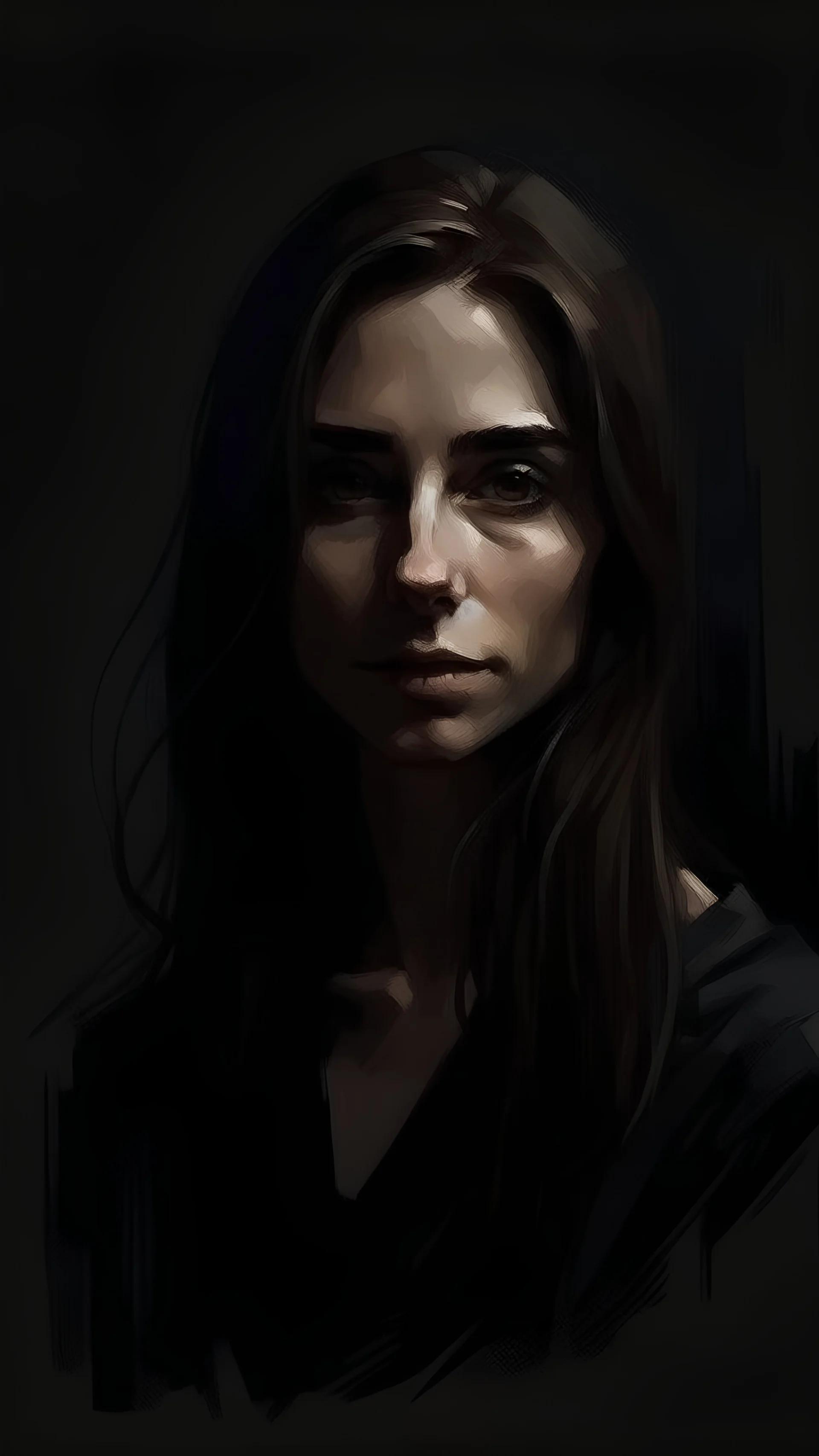 A picture of a woman as if painted in dark colors