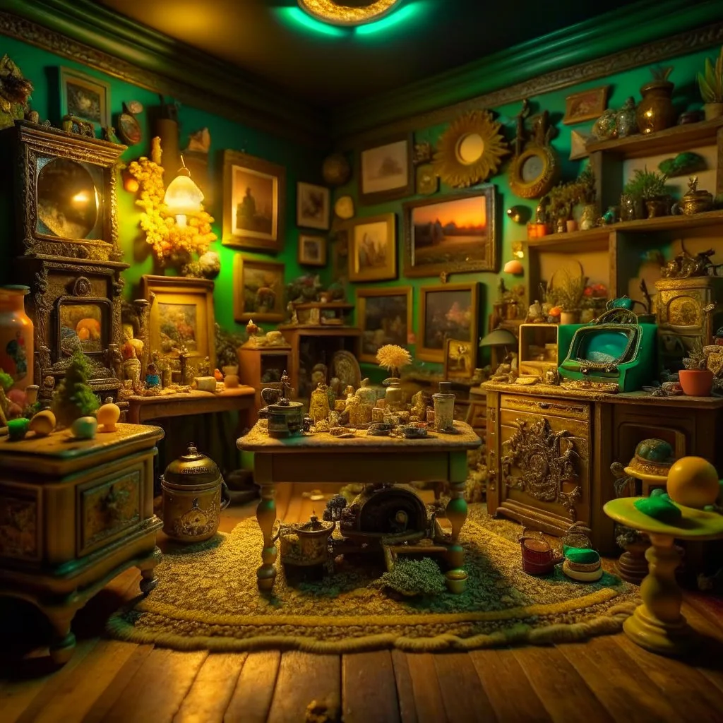 Diorama of old stuff in a room, sharp focus, 8k, 3d, very detailed, volumetric light, grim, fine art, very colorful, ornate, 35mm, F/2.8, insanely detailed and intricate, hypermaximalist, super detailed, decadent