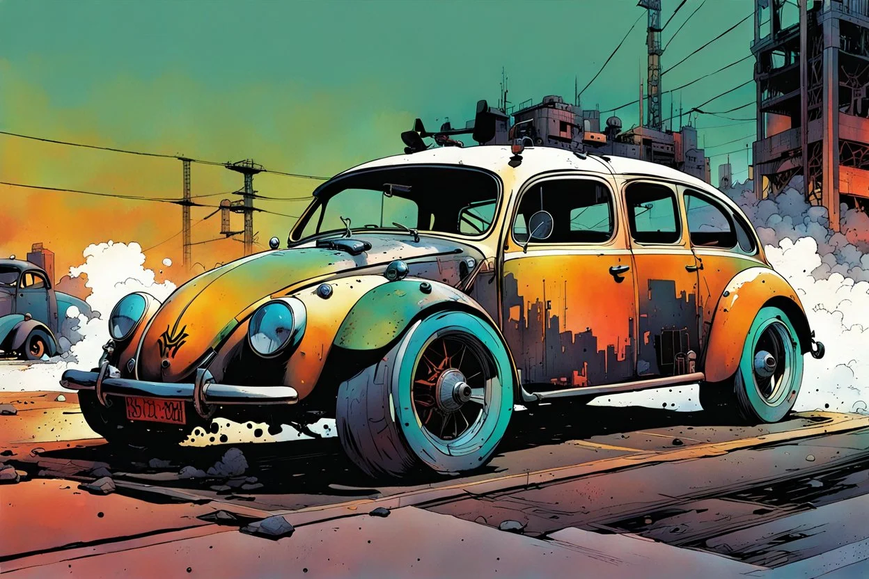 create an abstract, stripped down, post apocalyptic Volkwagen beetle rat rod with highly detailed features, lost in a horrific industrial wasteland, in the comic book art style of Bill Sienkiewicz, Mike Mignola, and Jean Giraud Moebius , searing lines , forceful strokes, precisely drawn, inked, and colored