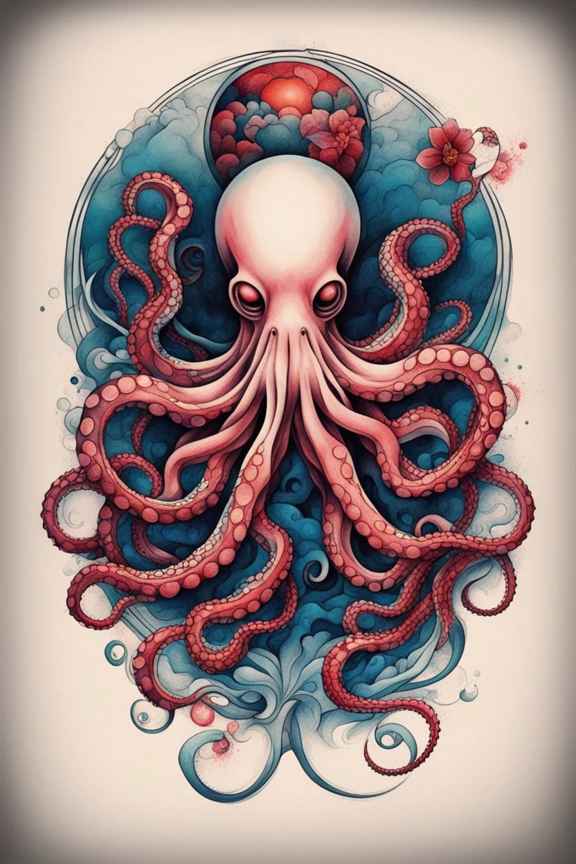 Create a captivating modern 2d colorfull ink tattoo design for print , prestigious (Japanese Octopus) using the elegant influences of japan art style, for print, dynamic elements from fashion and design, and bold Japanese contemporary art aesthetics, framing centered in the center, distanced from the edges of the paper perimeter, perfect anatomy, bauhaus, Divine Proportion,