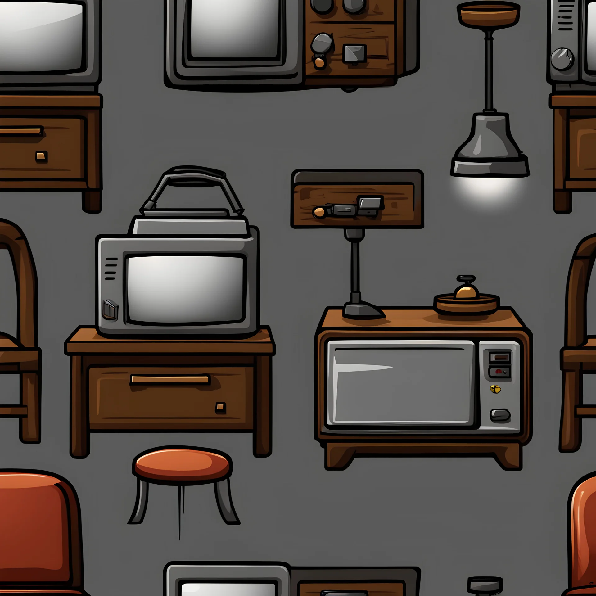 Sprite sheet, furniture, table, chair, television, lamp, toaster, icons, survival game, gray background, comic book,
