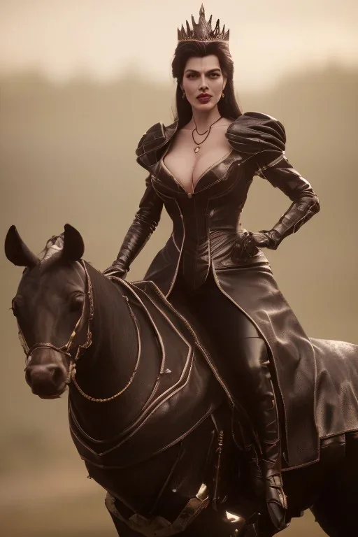 busty evil queen in leather gown, riding a horse, cleavage, angry, stern look, unreal 5, octane render,cinema4d, dynamic lighting, dramatic lighting, 4k, redshift render, highly detailed, hyper realistic