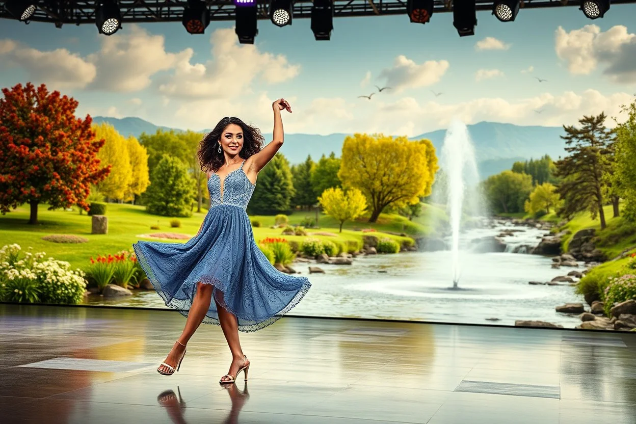 very beautiful lady with makeup curvy hair pretty jeweled lace gray blue dress high heels, full body dancing gracefully in a modern open stage with dynamic turnning lights in a heaven like country side with dreaming trees and a pretty fountain in river flowers mountains in distance,birds,river with water falls
