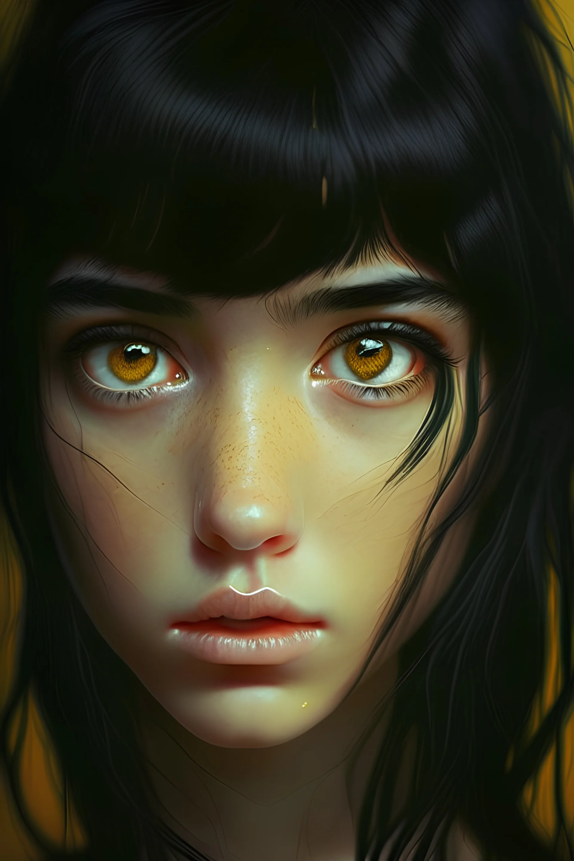 girl has black hair with honey eyes