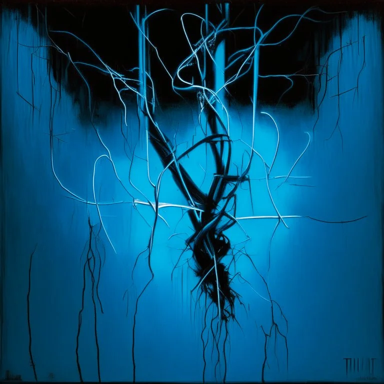 Minimal abstract oil painting of a tyler durden limbs sinew twisted . Background of bright blue with random words. hanging wires illuminated at night. In the style of Justin Mortimer and Phil Hale and Ashley Wood