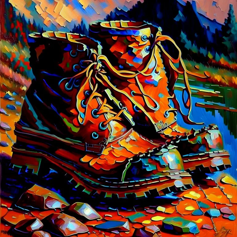 brown moutain shoes , art, oil colors, bright,