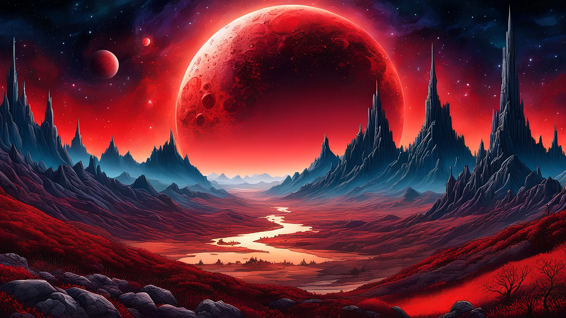 ultra high resolution, Perfectly composed, crisp, award-winning, alcohol ink embossed image of a highly detailed science fiction landscape, breathtaking attention to detail. elaborately designed background of a night starry sky with a red moon, gothic illustration, detailed, complicated details, Ultra HD 32k, otherworldly, mystical, Fantasy, complex background, dynamic lighting, marc simonetti, cinematic, 4k, epic Steven Spielberg movie still, sharp focus, emitting diodes, smoke, artillery