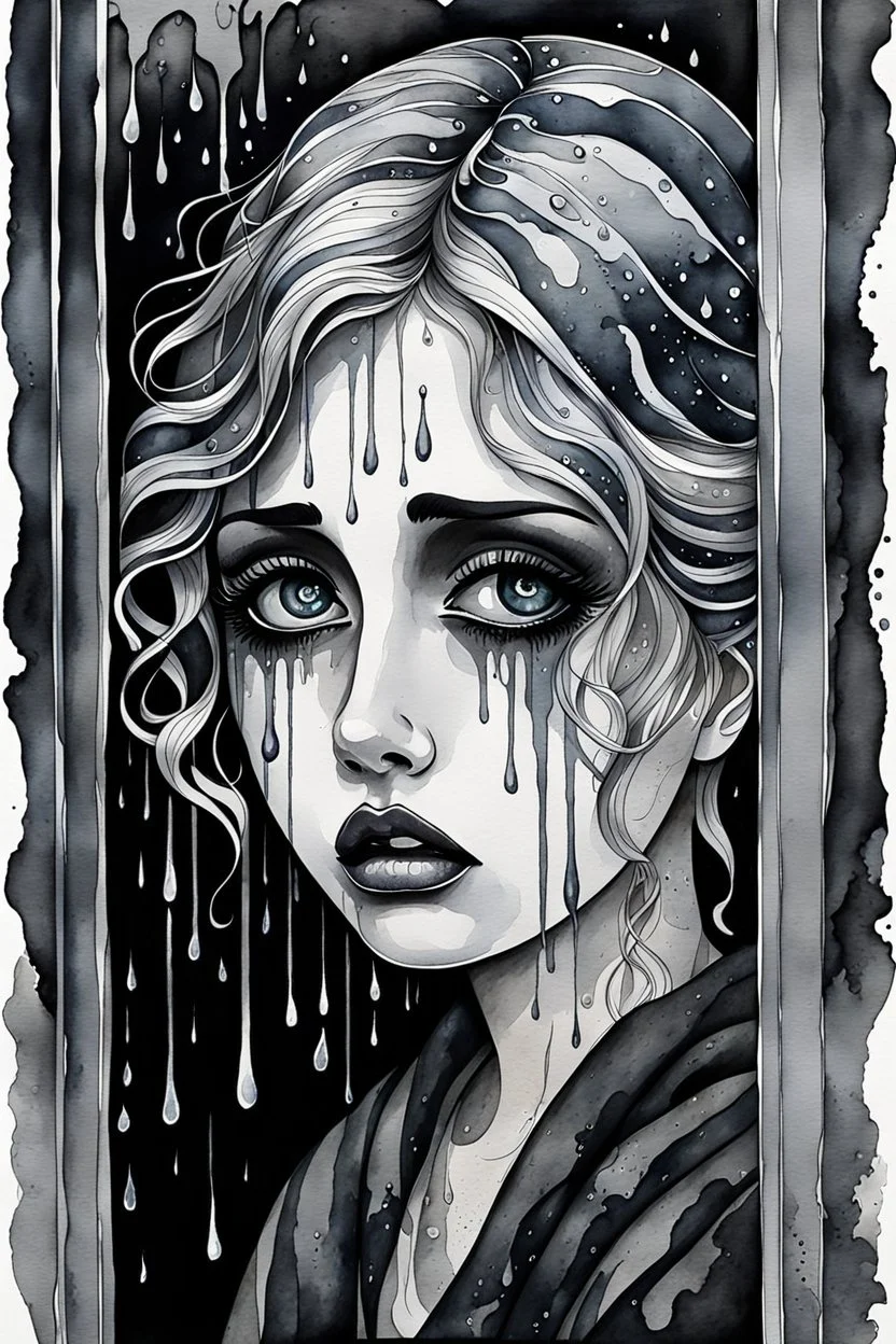 watercolor picture of a sad crying woman behind a window, pale skin, big dark eyes, silver tears, surreal chibi mood , swirling dark background, paint, black ink, watercolor , tears, pain, black, silver, grey colors , dark colors, wet on wet, dark shadows, surreal style, highly detailed, dramatic atmosphere, dark grey swirling background, high textures, around in background big tears, Dark and Moody Watercolor Art , Masterpiece, graffiti art, splash art, street art, spray paint