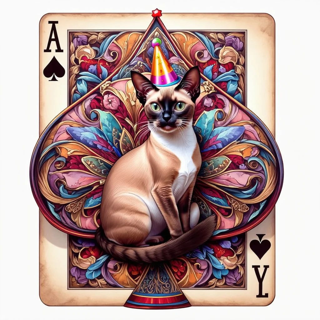 <lora:FiosMysticAura:1.0> <lora:FiosArcaneCards:1.0> A smooth, elegant sophisticated chocolate point Oriental shorthair Siamese cat, wearing a tiny party hat, emerges from a gigantic, intricately designed playing card, reminiscent of the whimsical styles of James Gurney, Chuck Jones, and Ash Thorp, with vibrant, dreamlike colors and delicate, hand-painted textures.