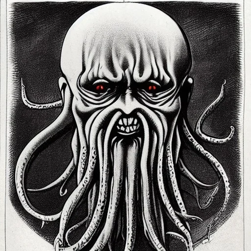 Picture of Cthulhu with white skin and a beard made of fleshy tentacles as a Russian Orthodox nosferatu with yellow eyes and vampire fangs and quills on the head