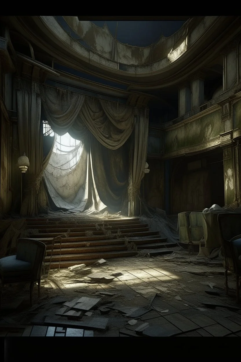 "A very old cracked dirty abandoned theater stage and ripped curtains , insanely detailed octane render trending on artstation, 8k artistic photography, photorealistic concept art, soft natural volumetric cinematic perfect light, chiaroscuro, award-winning photograph, masterpiece, oil on canvas, Raphael, Caravaggio, Greg Rutkowski, people, beksinski, Giger