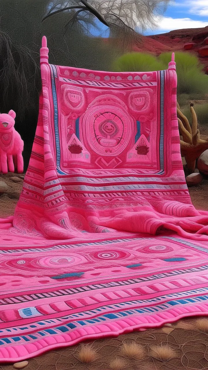 A pink magical realm with spirits designed in Navajo yarn