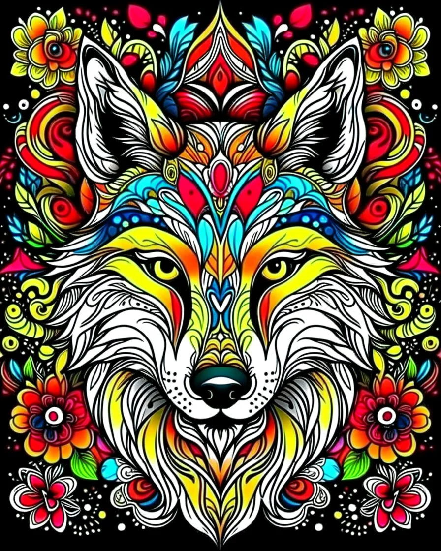 colourful read Eurasian wolf ANIMAL Book cover for Adults, mandala, flower,