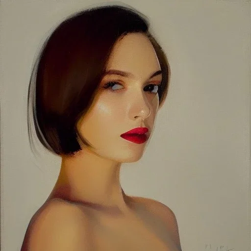  100 % modern conceptual art, realistic portrait oil painting by Malcom Liepke, of a beautiful 18 year old woman , front view centered 3/4 figure symmetrical and cinematic side lighting, precise brushstrokes and subtle blended variations in skin color temperature, perfectly proportioned female figure elegantly posed and wears contempory casual clothes, short tangled hyper-realistic detailed jet-black hair with bangs! Perfectly symmetrical facial features ,cgsociety, un