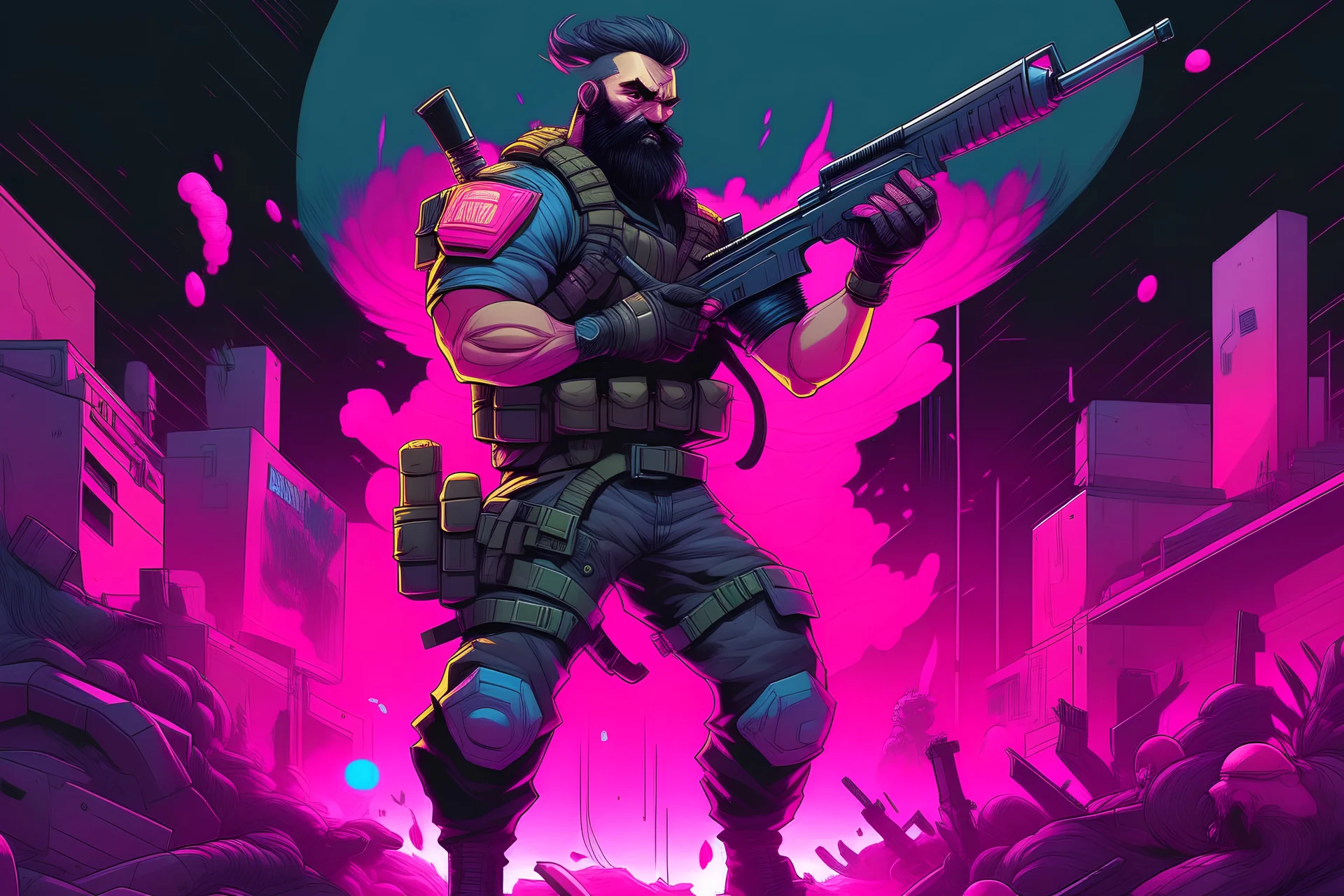 a muscular bearded man holds a weapon and is wearing modern armor on his body, as well as military pants and boots. He shoots at monsters in the alley. The sky is pink. A little neon, dark atmosphere. 90s game cover style