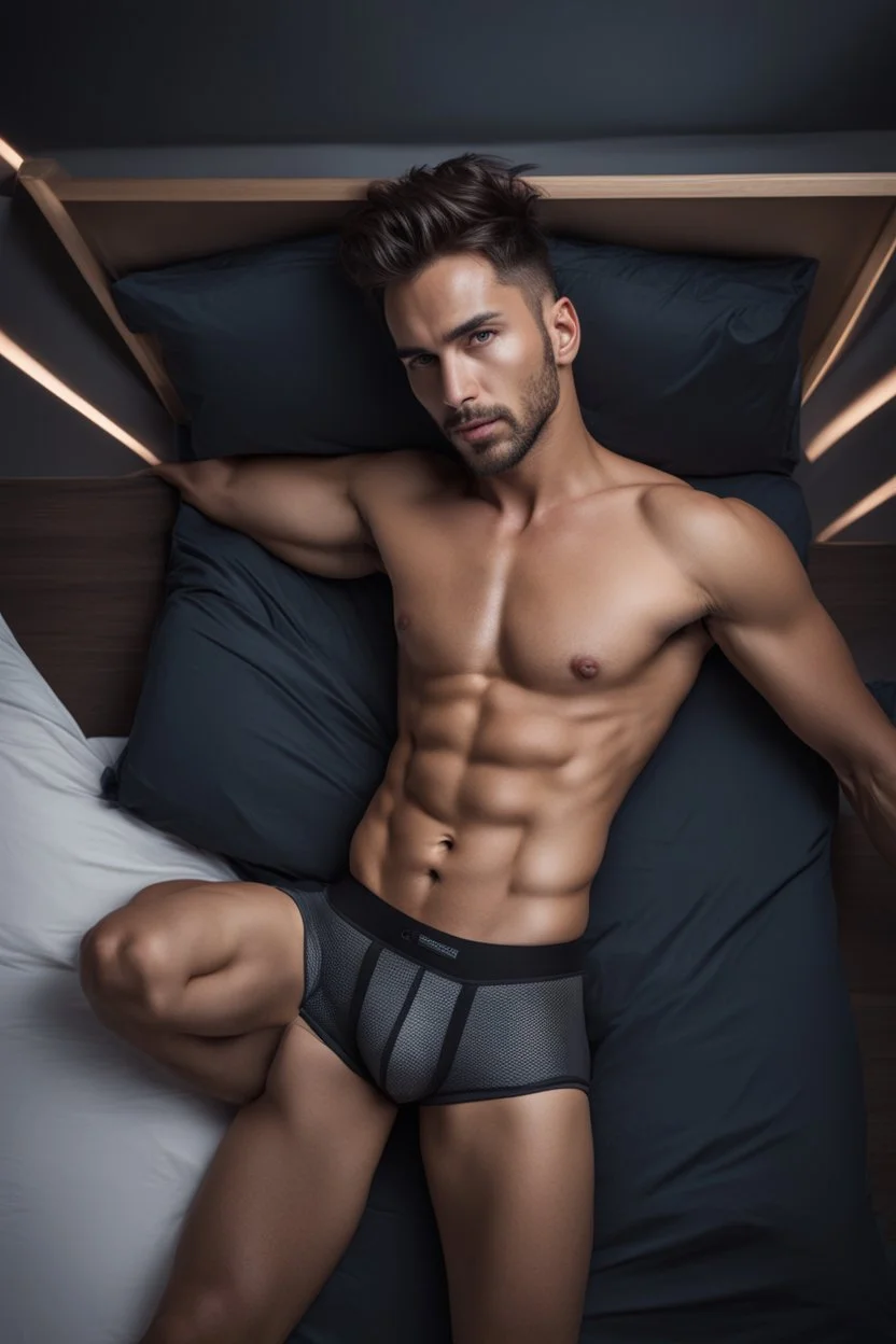 "Ultra realistic full body shot a handsome male underwear model in bed concept, looking at the camera,full legs, cyberpunk, neo-figurative,concept ,full length view, face , full size, science, technology,future,electric ,futuristic style, design, practicality,manufacturability,performance, HOF, professional photographer, captured with professional DSLR camera, trending on Artstation, 64k, full size, ultra detailed, ultra accurate detailed, bokeh lighting, surrealism, backgr