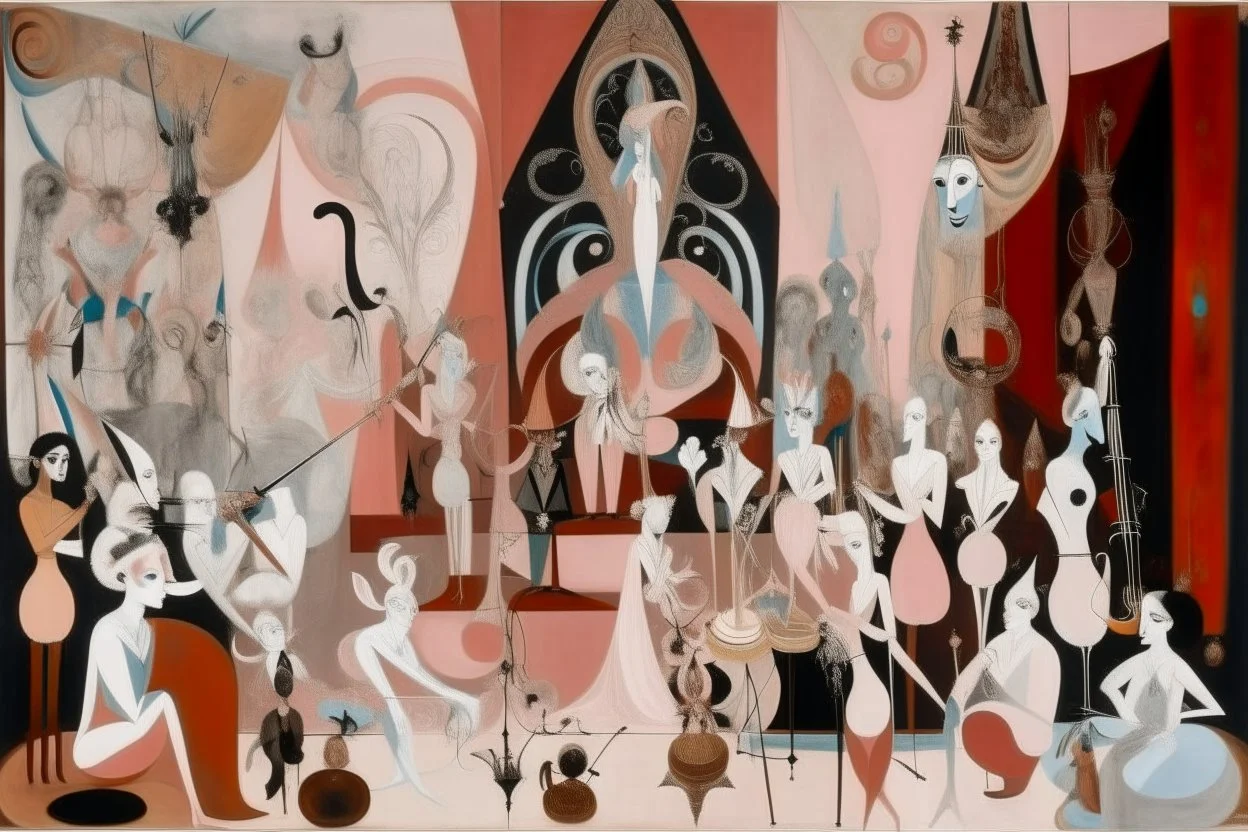 A pale pink magical circus with orchestra instruments painted by Pablo Picasso