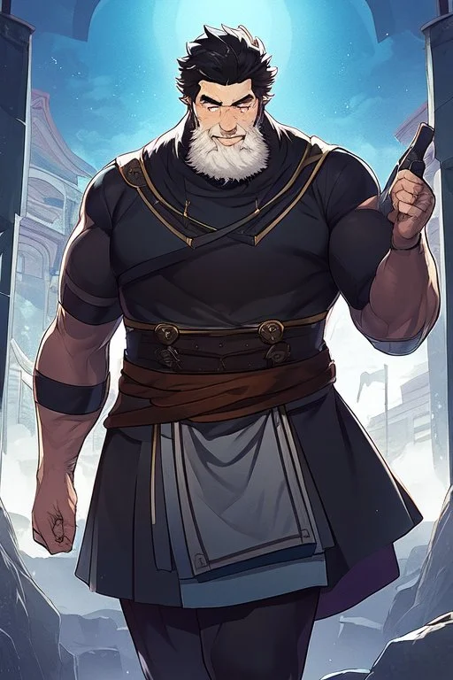 Anime man with beard, handsome and happy. Standing with Beautiful anime woman with black hair. Utopian universe