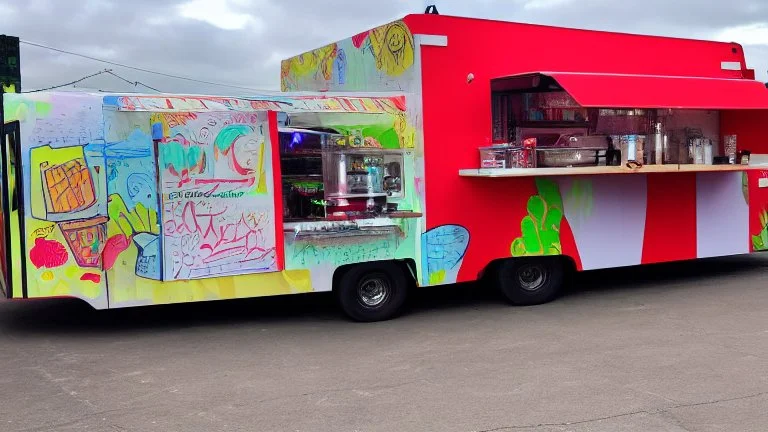 modern looking food truck that has a bunch of bright paint and flashy lights