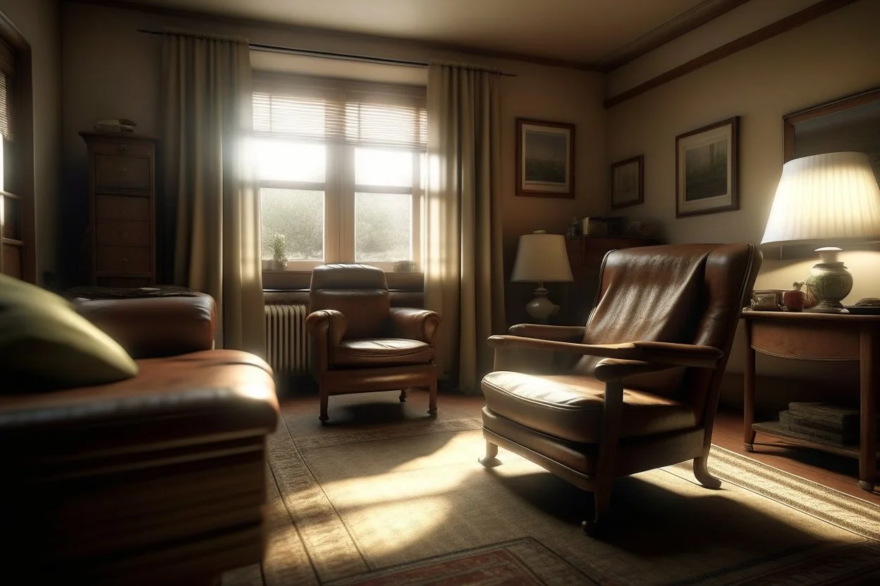 Photorealistic wide shot of an old woman's living room. Tidy and sparsely furnished with a well-loved leather recliner, sidetable and older tv. The recliner faces the tv. A small stool on wheels sits beside the tv. There is an open window with open drapes. The drapes appear to be hand sewn and tidy.