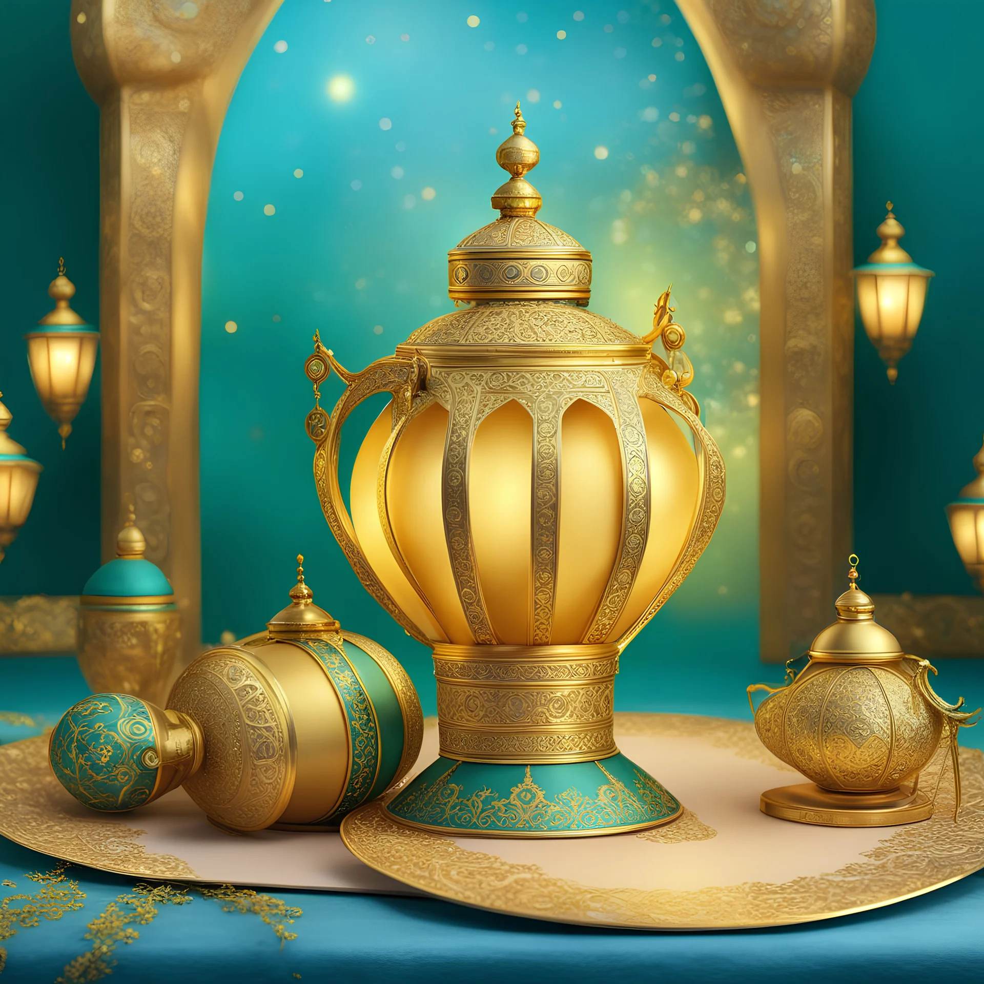 Greeting card, Ramadan, golden decorations, soft colors, Ramadan lantern with Ramadan cannon, a beautiful and deep surreal painting, Rococo 3D that highlights its exceptional quality, 8K shot, an ultra-realistic digital painting, a beautiful portrait, a very beautiful portrait, green and blue color, very realistic digital art captured with a Hasselblad medium format camera with a macro lens. 100 mm. An unmistakable cinematic image, daylight