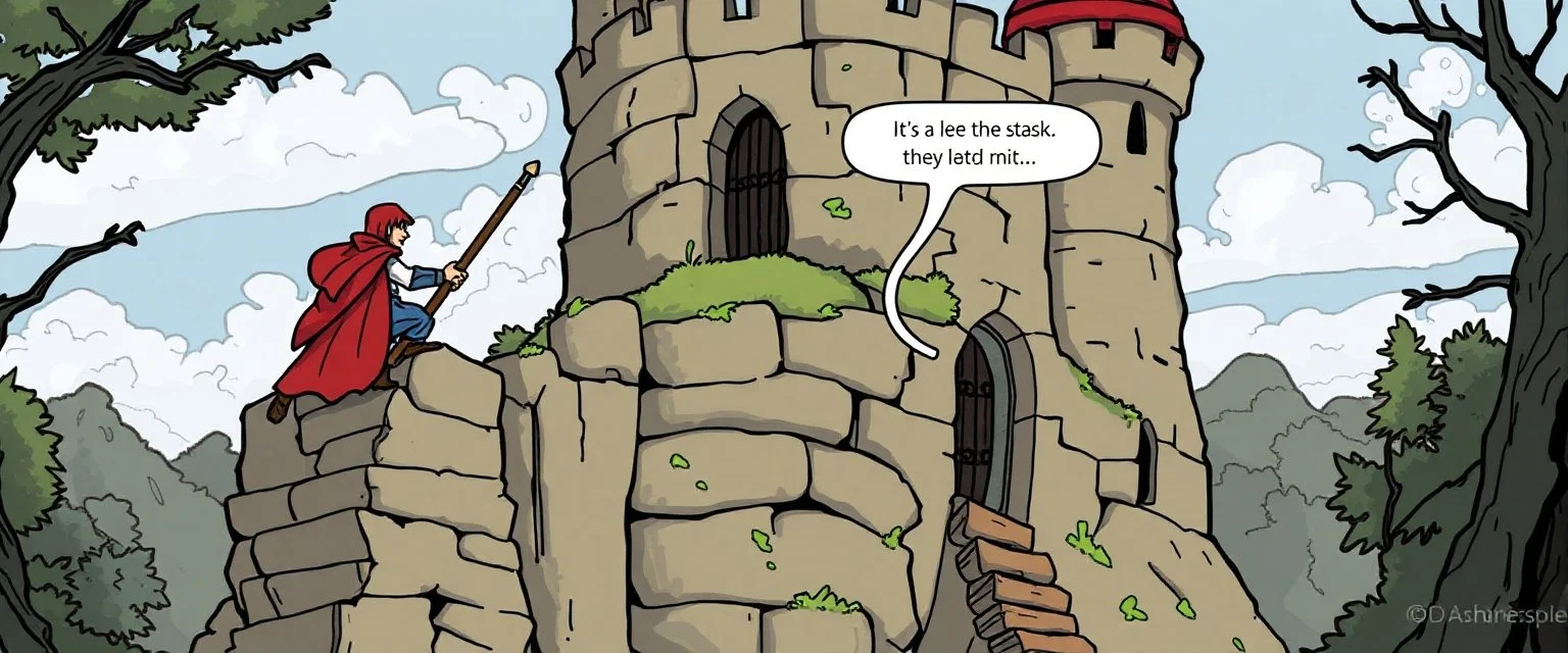 d&d cartoon, Stigen opp i borgen virker stabil, men skjelver. Neste steg?x "Forsterk med en pinne", Ogren godkjenner improvisasjonen din.