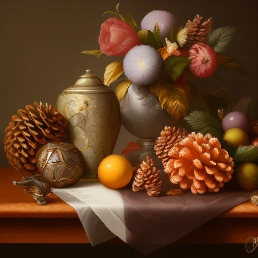 a still life composition of pinecones like Pieter Claesz