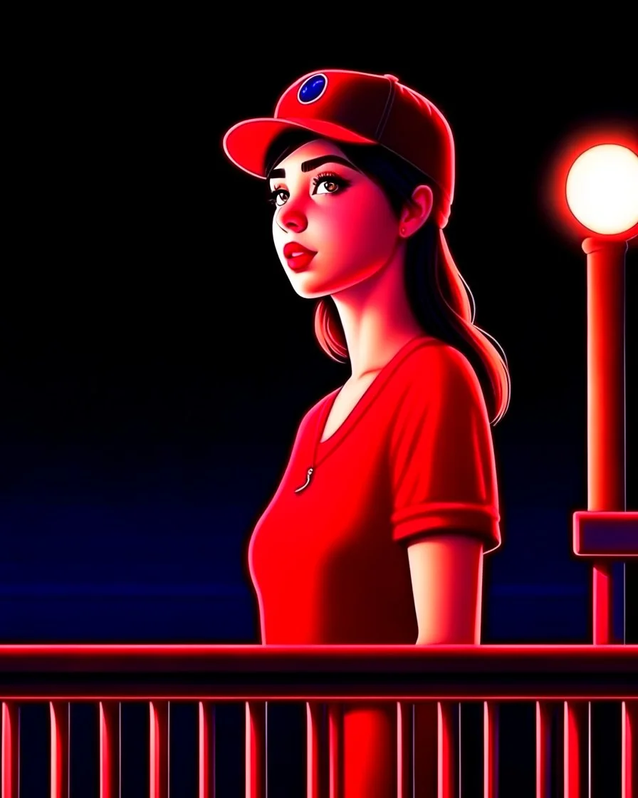 woman with a red baseball hat. leaning on a wooden balcony. night time. fantasy. cartoon. studio lightining.