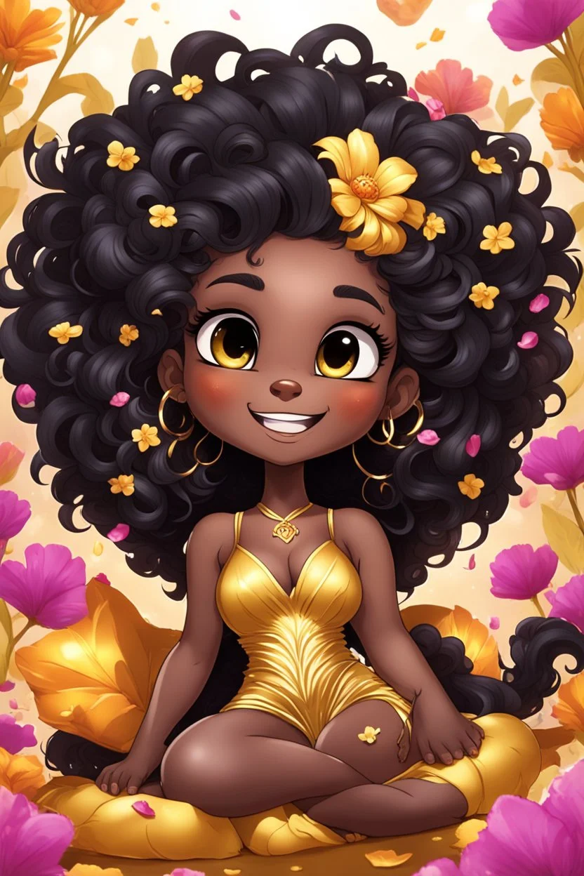 A sassy thick-lined airbrushed cartoon black chibi girl lounging lazily on her side, surrounded by flower petals. She has a golden lion tail curling playfully behind her curvy body. Looking up coyly, she grins widely, showing sharp lion teeth. Her poofy hair forms a mane framing her confident, regal expression.