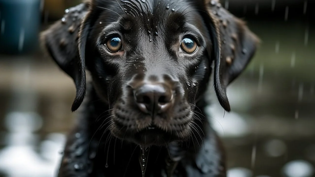 A wet black labrador puppy with big eyes and worried expression, sitting in heavy rain