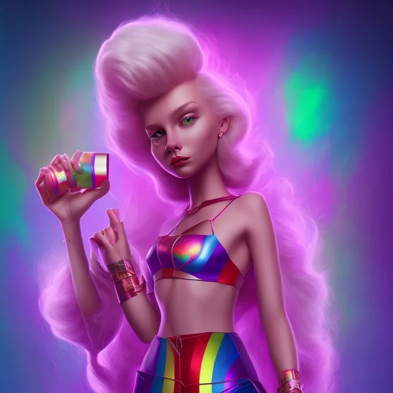 Enid Sinclair, netflix series Wednesday, claws, rainbow outfit, teenager, blonde hair with pink and purple highlights, no hands