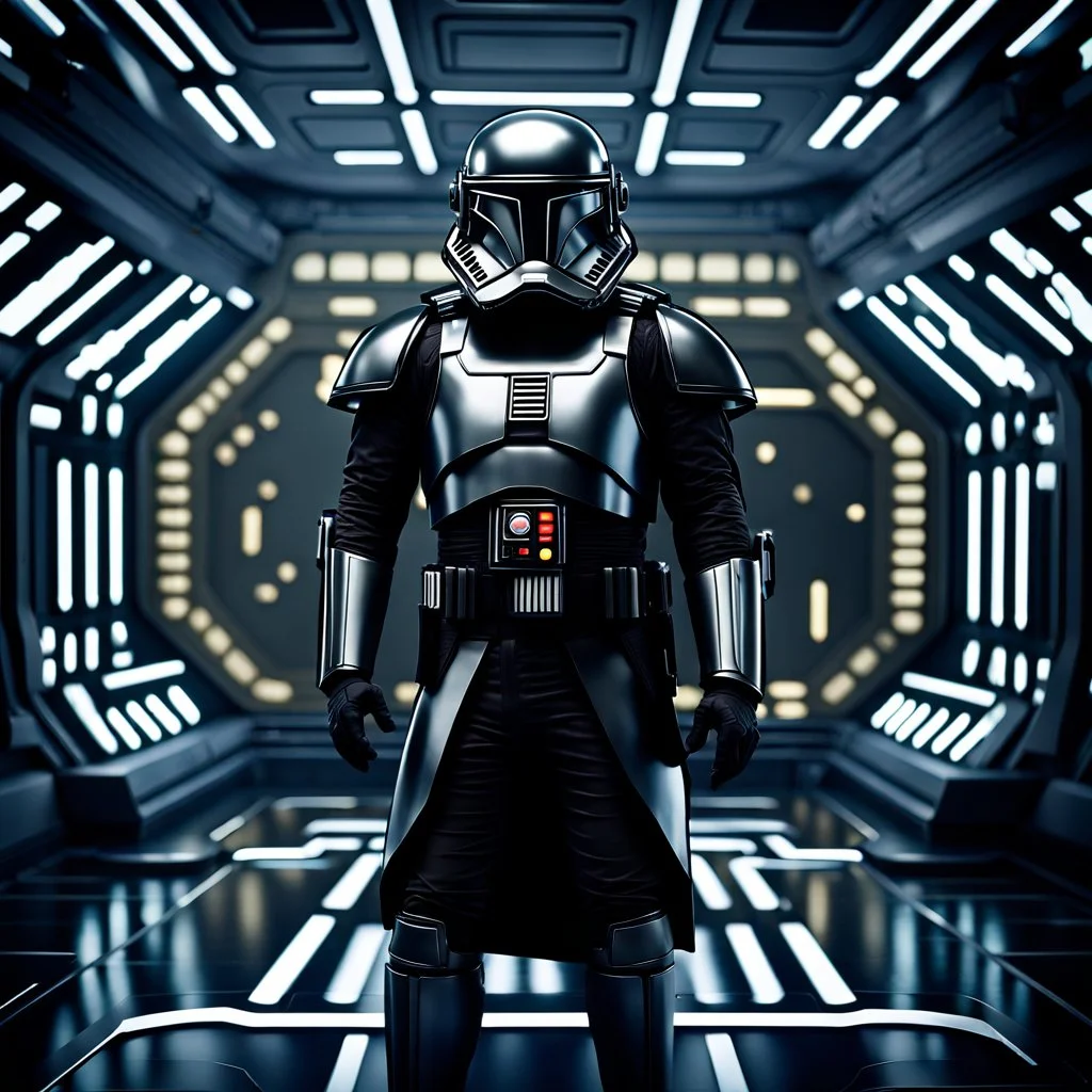 star wars bald male corellian pilot wearing gunmetal grey and black First Order TIE pilot armored flightsuit and helmet with gold trim inside the jedi temple, centered head and shoulders portrait, hyperdetailed, dynamic lighting, hyperdetailed background, 8k resolution, volumetric lighting, light skin, fully symmetric details