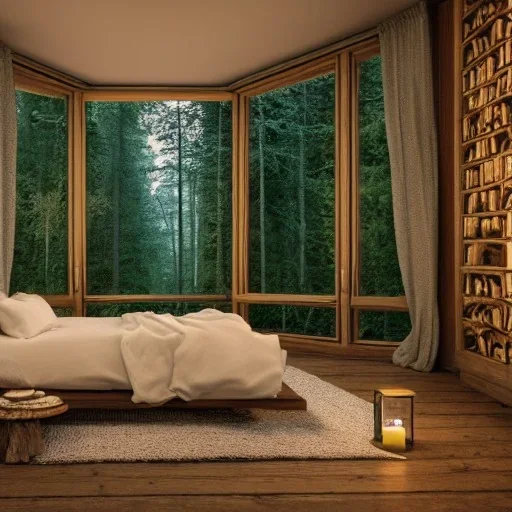 a gorgeous, stunning nature room facing a huge window with forest view, multiple pillows on rustic wood floor, soft, crumpled blankets, many lit candles, foliage, tranquil, cozy, 8k resolution, high-quality, fine-detail, zen-like, digital art, detailed matte, volumetric lighting, illustration, 3D octane render, brian froud, howard lyon, selina french, annie stokes, lisa parker, greg rutowski,