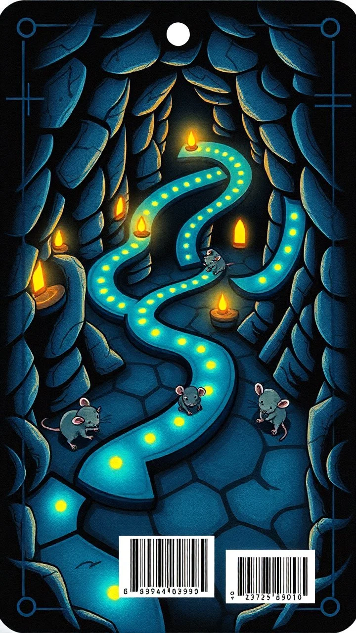 blue and black "Card back featuring a mystical dungeon maze design with glowing trails, tiny cartoon rats exploring paths, whimsical fantasy vibe, glowing runes, vibrant and colorful, symmetrical layout, polished illustration style."