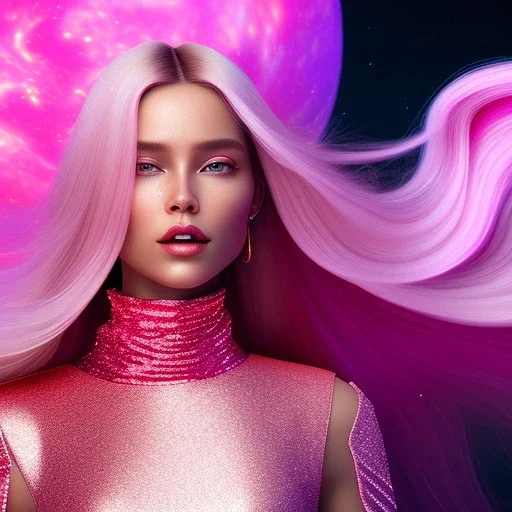 woman glitter pink in a galactic ambiance, smiling and laughting, long blond hair,delicate colors in the foreground, full of details, smooth, light effect，vaporwave colorful, smooth, extremely sharp detail, finely tuned detail, ultra high definition, 8 k, unreal engine 5, ultra sharp focus