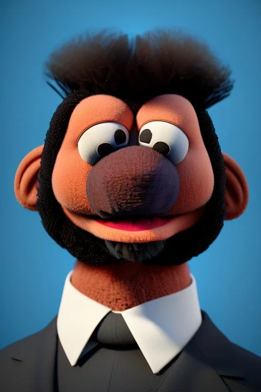 Waist up muppet Portrait, Xi Jinping as muppet doll, Black suit, red tie, photo studio, blue background, unreal engine 5, concept art, art station, god lights, ray tracing, RTX, lumen lighting, ultra detail, volumetric lighting, 3d.