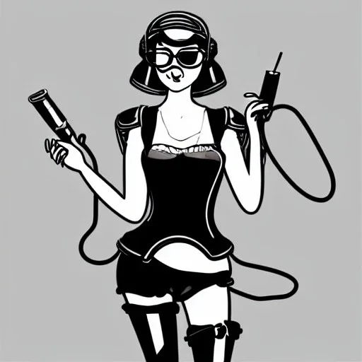 illustrator, spanish, pencil sketch of a cute girl, beautiful, steampunk syle, black and white. Helmet with tubes, square glasses and wires. Smoking a sigarette.