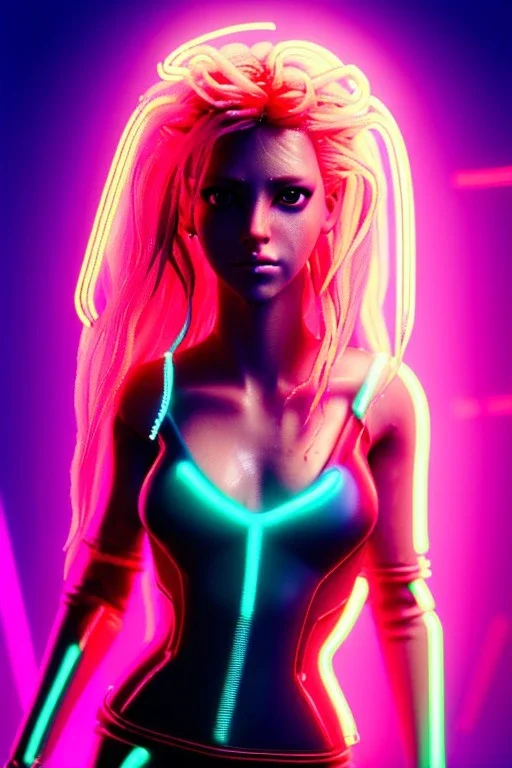 Cyber Shakira, artist, 30 years old, Realistic image, waist up portrait, latex style dress. Blonde, loose long hair, eyes make up, perfect, glow, circle iris. Neon colors, leds, geometric shapes. Dark background, photo studio, neon lights. Cyberpunk, concept art, smooth, unreal engine 5, god lights, ray tracing, RTX, lumen lighting, ultra detail, volumetric lighting, 3d, finely drawn, high definition, 4k.