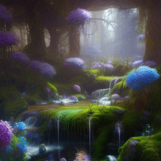 fantasy concept art, dynamic lighting, Intricately detailed, Splash screen art, deep color, Unreal Engine, volumetric lighting, blue flowers, moss, leather, fantasy library artwork, creek,