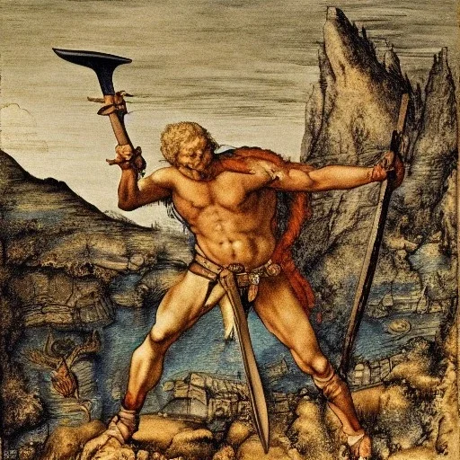 high-angle shot of a [barbarian warrior in loincloth] holing an ((axe)) on a cliff overlooking the sea, monsters in the water by Durer, extremely detailed face, full-body