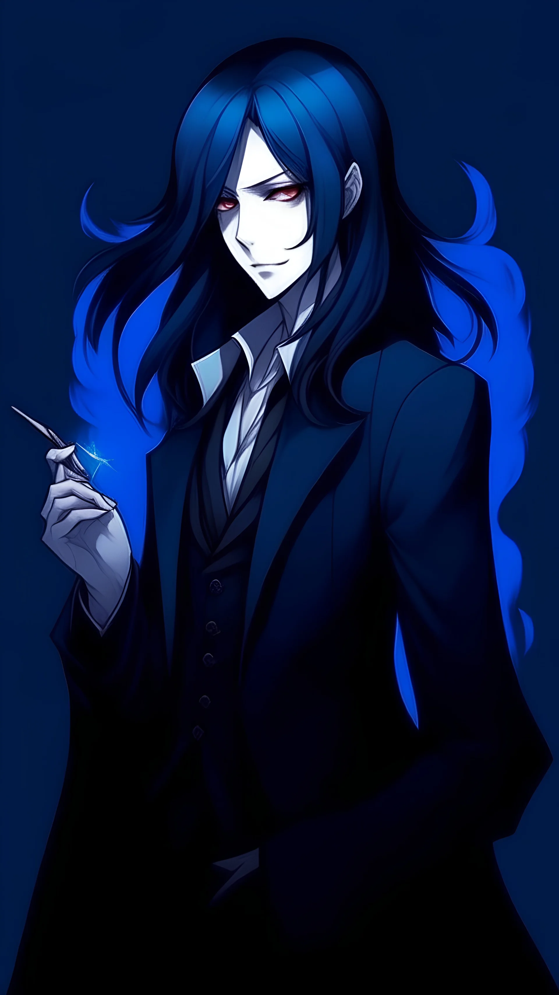 A Demon evil dark Butler long hair, fading into dark smoke blue hair, anime, tall, androgynous
