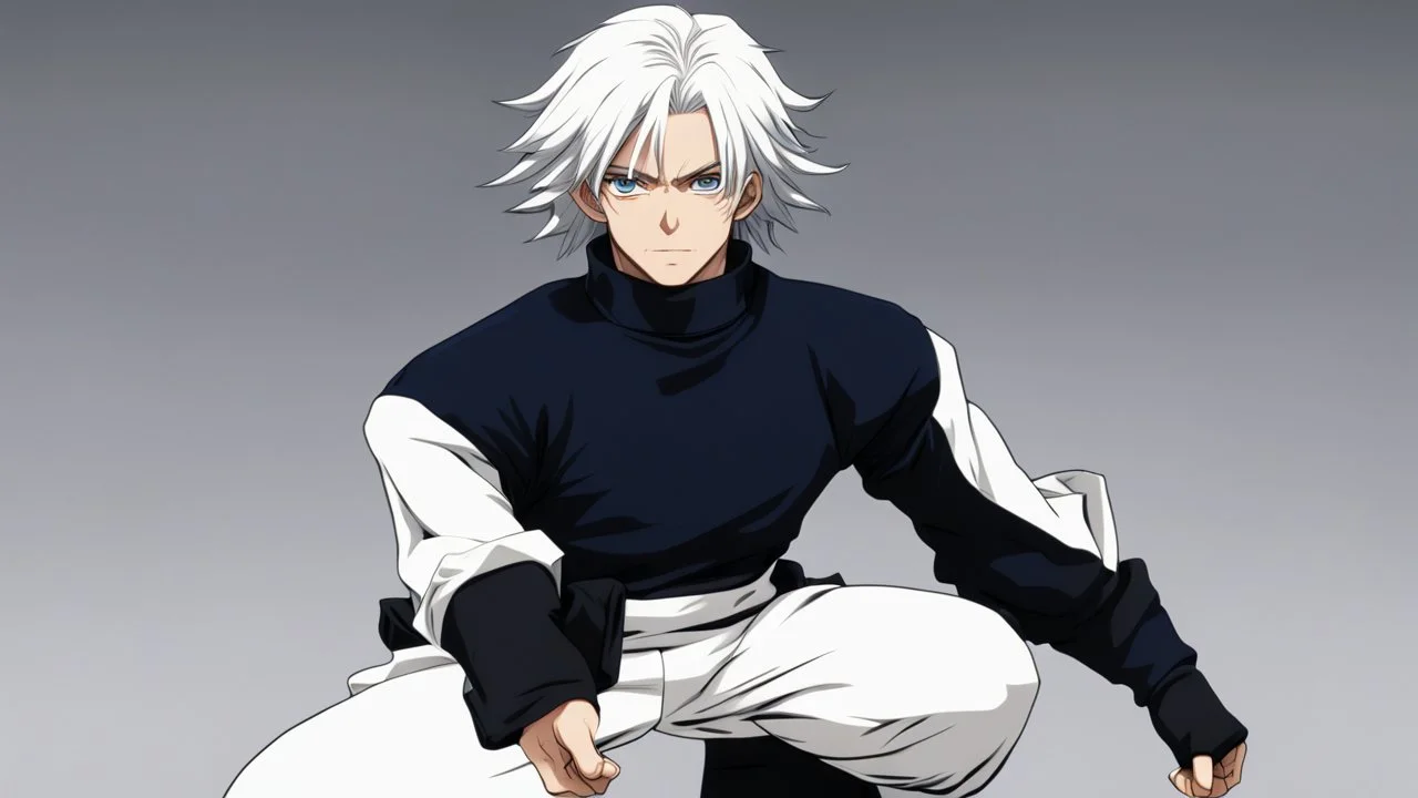 Satoru Gojo is a young tough guy white hair blue eyes black turtleneck without arms white loose pants in a defensive pose